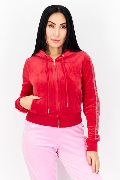 Juicy Couture سترة نسائية من الصوف بغطاء رأس وسحّاب كامل، باللون الأحمر