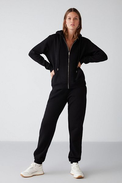 GRIMELANGE Carlota Damen-Sweatshirt mit Fleece-Innenseite, Bio-Stoff, Metallreißverschluss und Kapuze, weiches Schwarz