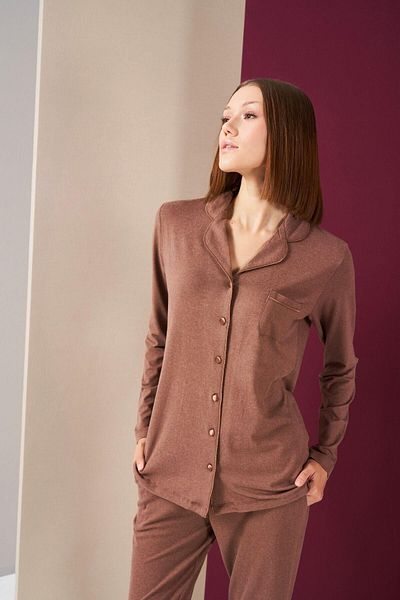 PJS 26032 طقم بيجامة نسائي بأكمام طويلة وأزرار