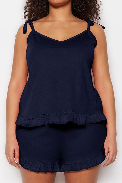 Trendyol Curve Navy Blue Strap Knitted Ruffle Detail Pajamas Set Tbbss22Pt0564