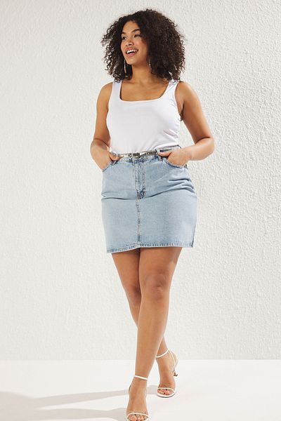 Trendyol Curve Light Blue High Waist a Shape Denim Skirt Tbbaw23Az00042