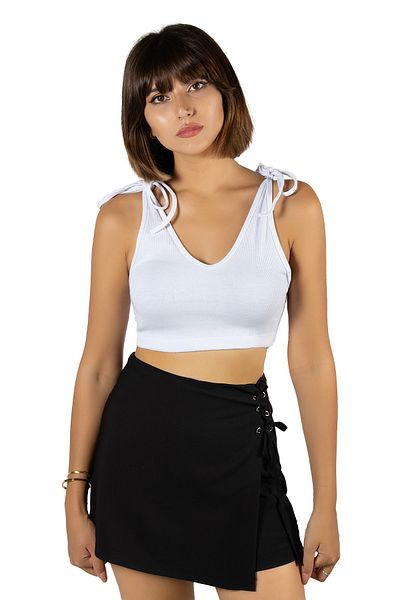 VEAVEN Women's Black and White V-Neck Shoulder Tie Detail Straps Crop Tank Top
