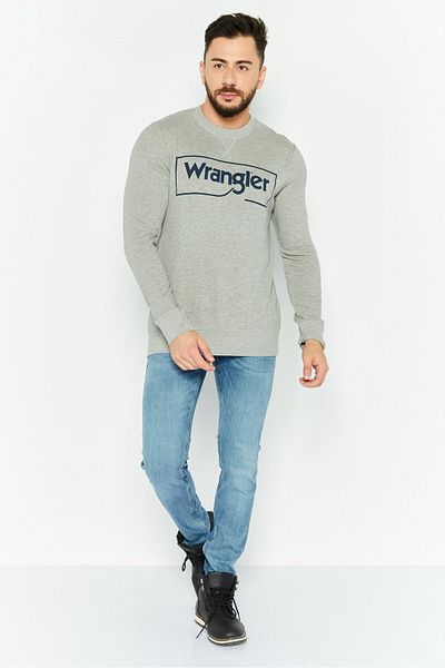 WRANGLER سويت شيرت رجالي بشعار العلامة التجارية بأكمام طويلة وياقة دائرية، رمادي