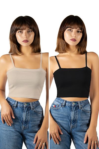 VEAVEN Pack of 2 Black Beige String Straps Fitted/Fitted Corded Crop Top Undershirt