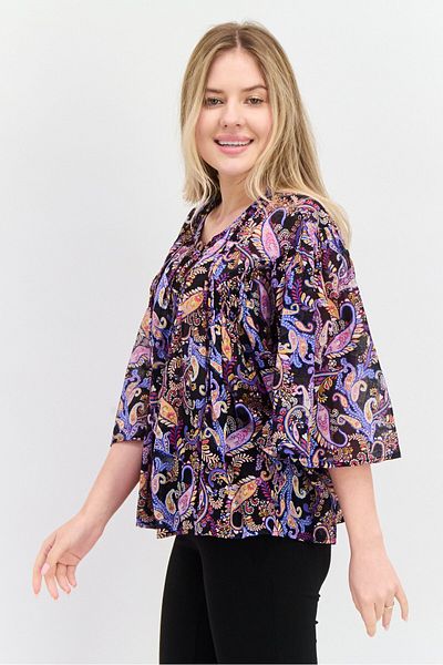 Sundry Women Round Neck Allover 3/4 Sleeve Printed Top, Black