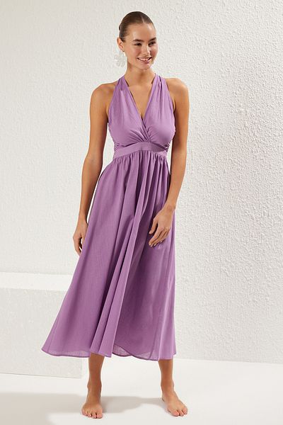 Trendyol Collection Lila Streamer-Midi-Strandkleid aus Baumwolle mit tiefem Rückenausschnitt TBESS25EL00003