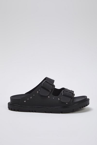 TRENDYOL SHOES Schwarze Nieten-Doppelschnalle, flache Damen-Hausschuhe TAKSS25TE00004
