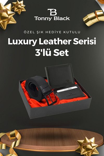 Tonny Black Set original de 3 piese pentru bărbați, cu cutie cadou specială, portofel de lux cu centură din piele și suport pentru carduri