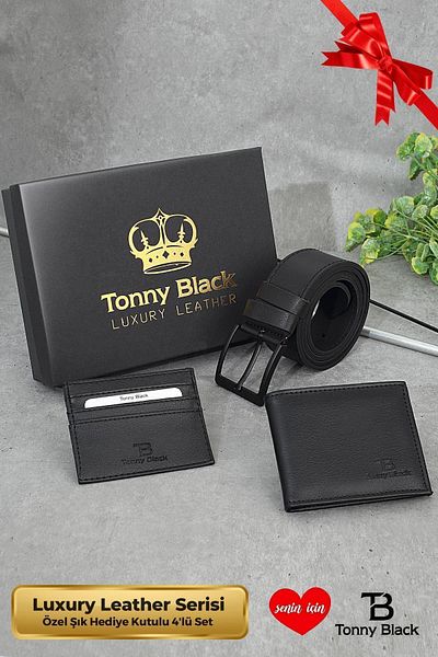 Tonny Black Set original de 3 piese pentru bărbați, cu cutie cadou specială, portofel de lux cu centură din piele și suport pentru carduri