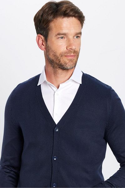 Tudors Cardigan pentru bărbați, slim fit, subțire, cu nasturi, fără pilule, cu textura moale, albastru bleumarin