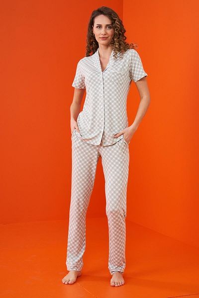 Pjs Pijama Pjs 23203 بدلة بيجامة نسائية منقوشة بأزرار