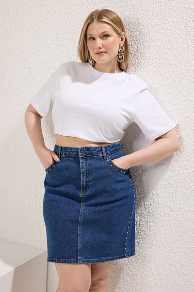 Trendyol Curve Blue Denim Plus Size Skirt Tbbss25Az00013