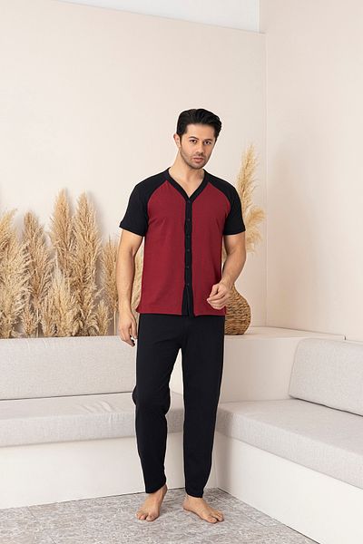 Sude HOMEWEAR Men's Short Sleeve Shirt Top Burgundy Piece- Bottom Black Pajama Set
