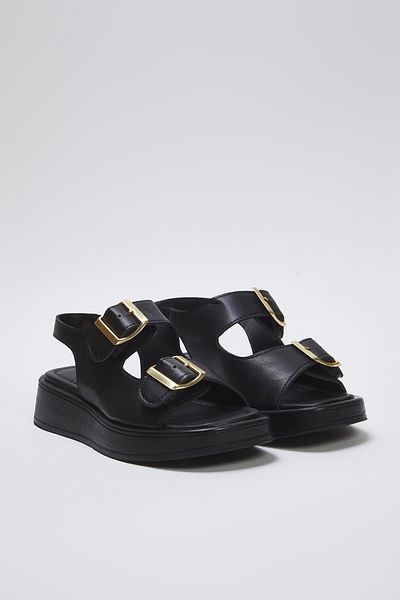 TRENDYOL SHOES Sandale de damă cu cataramă dublă neagră cu talpă groasă 
 TAKAW25SD00000