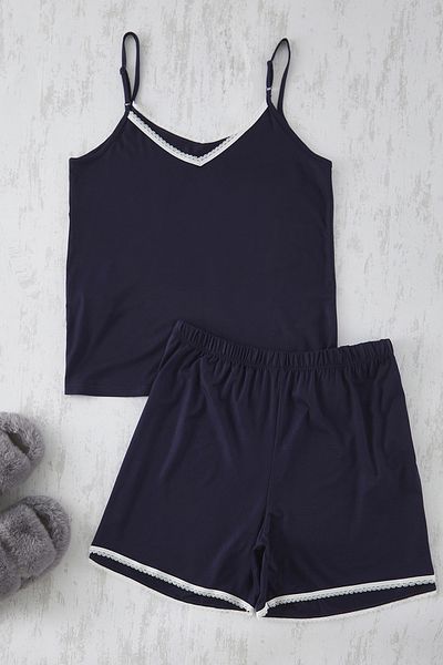 Trendyol Curve Navy Blue V-Neck Lace Detail Viscose Knitted Pajamas Set Tbbss25Ai00039