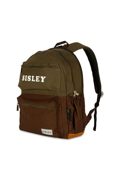 Sisley حقيبة ظهر كاجوال بجيب مزدوج كاكي وبني - 12911