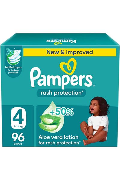 Pampers حماية من الطفح الجلدي، مقاس 4، 9-14 كجم، صندوق جامبو، 96 حفاضة