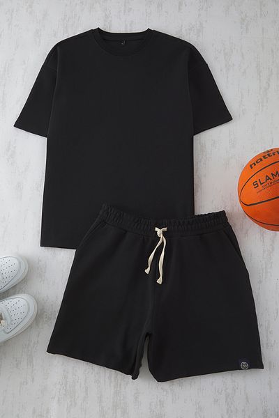 Trendyol Collection Fekete Oversize vastag 100% pamut póló rövidnadrág tréningruha szett