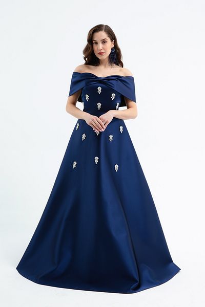 Lafaba Women's Navy Blue Strapless Stone Long Satin Evening Dress