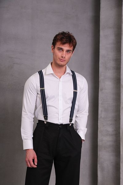 SuspenderS حزام بنطلون رجالي مخطط باللون الأزرق الداكن والأبيض