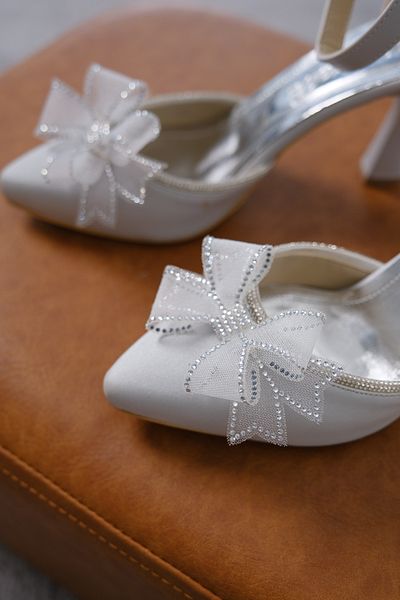 Moda Değirmeni Rochie de seară elegantă pentru femei din satin gri, cu fundă din tul cu pietre, pantofi cu toc Md1001-119-0002