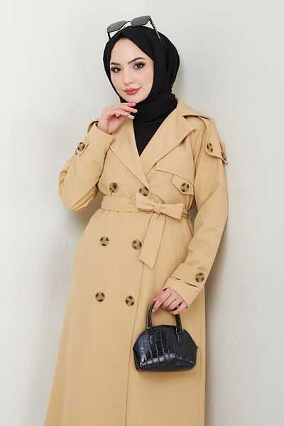InStyle Lined Camel Trench Coat with Epaulettes on the Shoulders