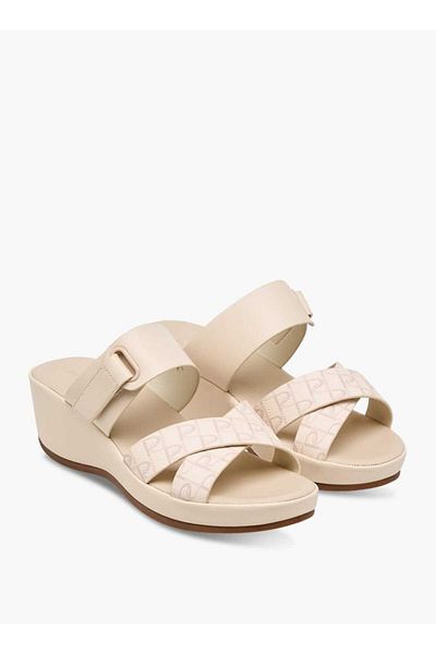 Paprika Paprika Monogram Print Slip-On Cross-Strap Sandals with Wedge Heel