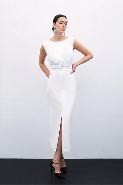 Sateen Belted Pencil Dress - Ecru Color