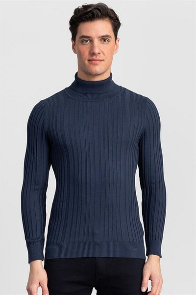 Tudors Pulover pentru bărbați, slim fit, cu gât întreg, tricotaje indigo