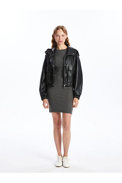 LC Waikiki Stand Collar Oversize Women's Leather Look Jacket