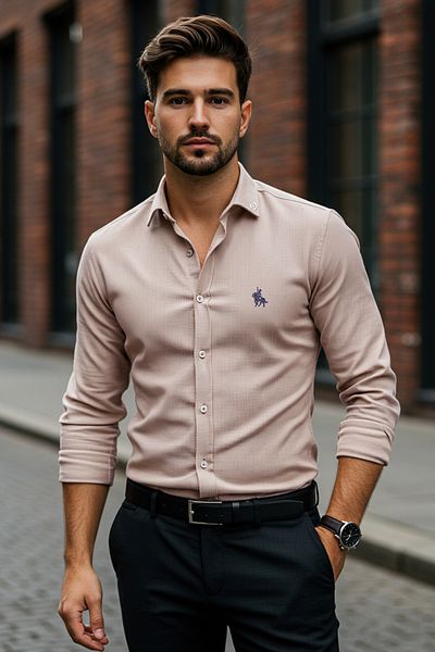 Trendyol Collection Bézs szabású, hímzett részletes okos ing TMNAW25GO00036