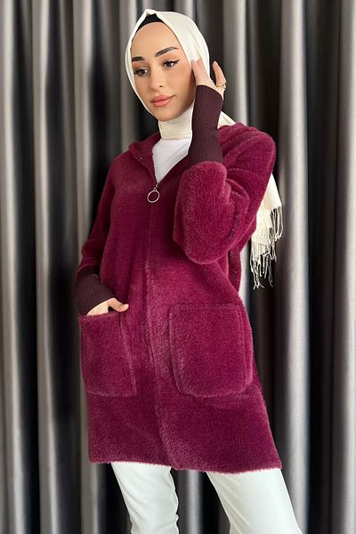 julude Plum Hooded Zippered Soft Yarn Hijab Cardigan