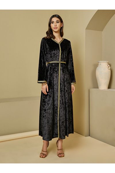 Styli قفطان مغربي من المخمل المطحون مع حزام ربطة عنق