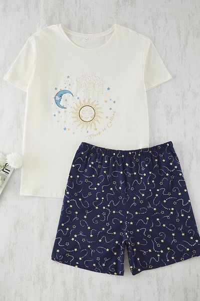 Trendyol Curve Navy Blue Galaxy Pattern Knitted Pajamas Set Tbbss25Ai00106