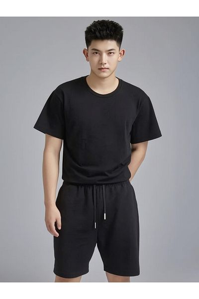 Relax family xf Men's Black Shorts T-Shirt Suit Plain Cotton Fabric