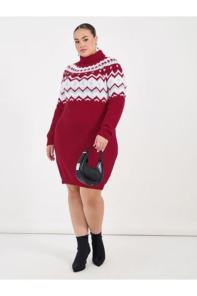 Styli Plus Size Geometric Pattern Knit Sweater Knee Length Dress