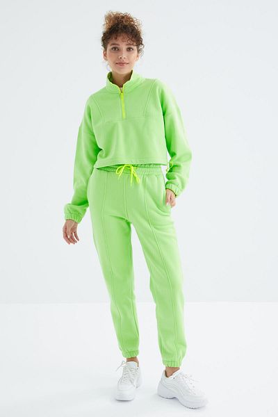 TOMMY LIFE Pistachio Green Low Shoulder, Drawstring Waist, Half Length Zipper, Oversize Women's Tracksuit - 95321
