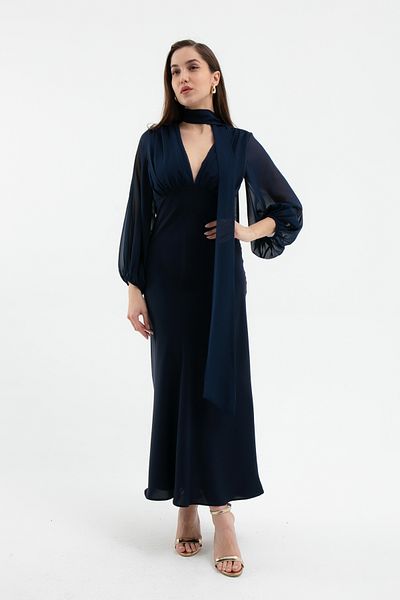 Lafaba Women's Navy Blue Chiffon Garnished Dress
