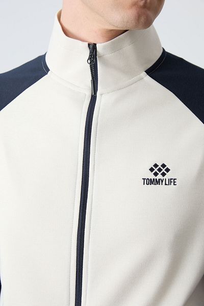 TOMMY LIFE طقم رياضي رجالي بياقة واقفة باللون البيج والأزرق الداكن - 85113
