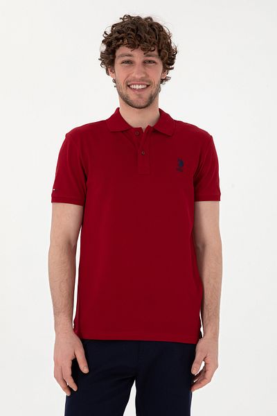 U.S. Polo Assn. تي شيرت رجالي ذو قصة ضيقة وياقة بولو باللون الأحمر الداكن 50298041 -VR014