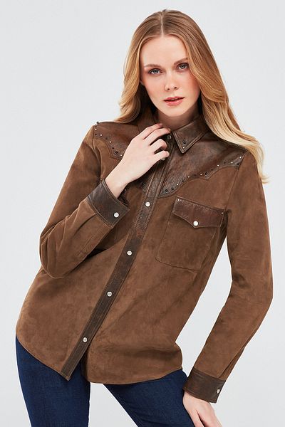 Derimod Western Women's Suede Leather Shirt Jacket - Brown, Style 24sgd 519610