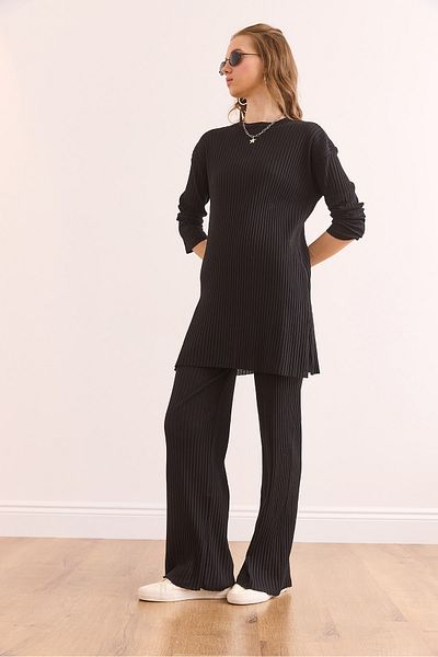 Olalook Schwarzes Oberteil mit Schlitz, Bluse, Unterteil, Palazzo-Kostüm für Damen, Kordelzug, TKM-19000180
