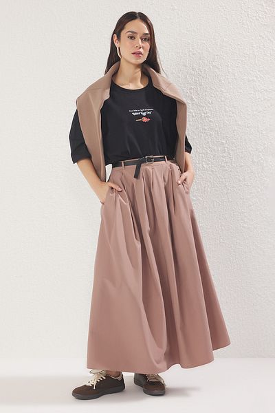 Trendyol Modest Mink Pleated Belted Woven Skirt Tctss25Ee00005