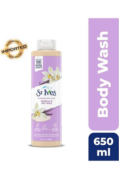 St. Ives غسول الجسم المنعش (650 مل) مصنوع من مستخلصات طبيعية 100% بنكهة الفانيليا وحليب الشوفان، 22 أونصة سائلة