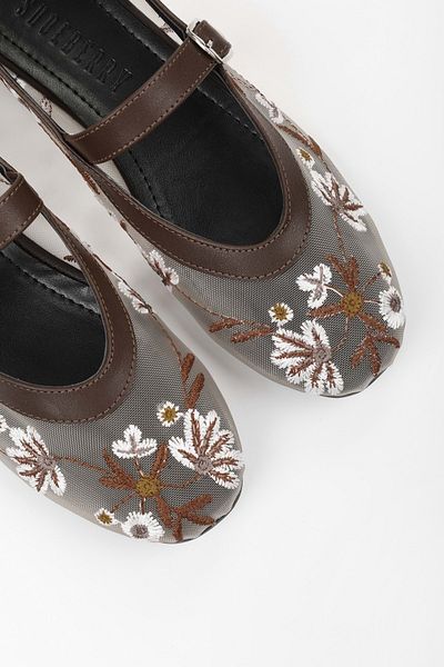 Shoeberry Damskie baleriny z siateczki kawowej w kwiaty
