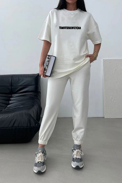 DUBU BUTİK Σετ φόρμας Thatssofetch White Print Oversize Cycling Yak