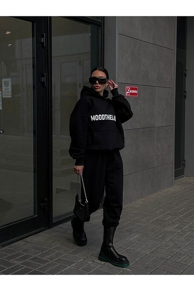 DUBU BUTİK Mood The Label Σετ χειμερινής φόρμας - Μαύρη στάμπα με κουκούλα Oversize Raster