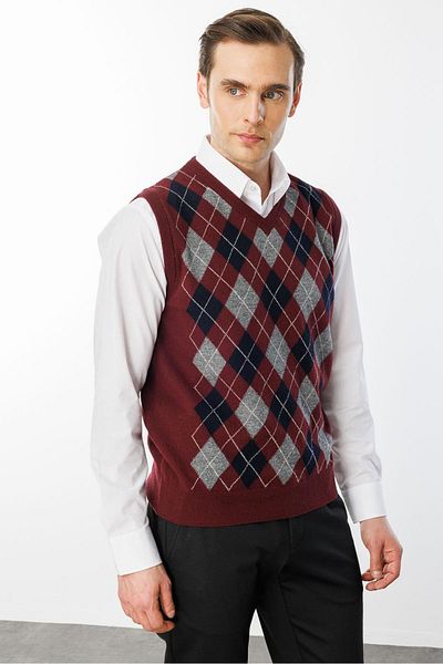 Desen Triko Men's V-Neck Front Argyle Wool Sweater Claret Red