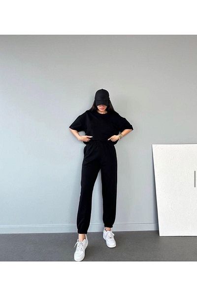 DUBU BUTİK Basic T-shirt Sweatpants Jogger - Μαύρο Flat Bottom Top Σετ φόρμας Oversize Crew Neck