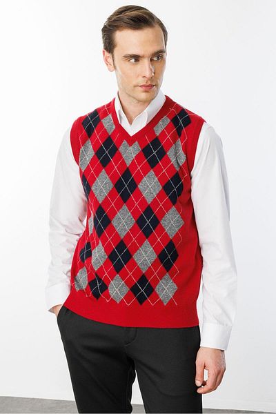 Desen Triko Men's V-Neck Front Argyle Wool Sweater Dark Red